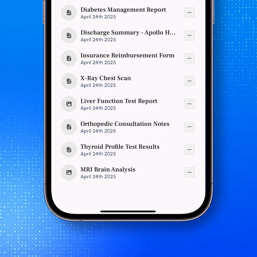 Medical records and report list displayed in the Second Aid mobile app